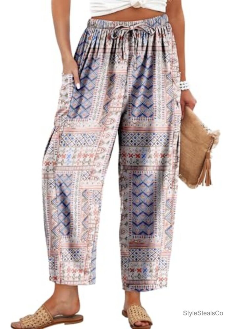 Womens Cotton Linen Wide Leg Palazzo Pants Drawstring Elastic Waist Lounge